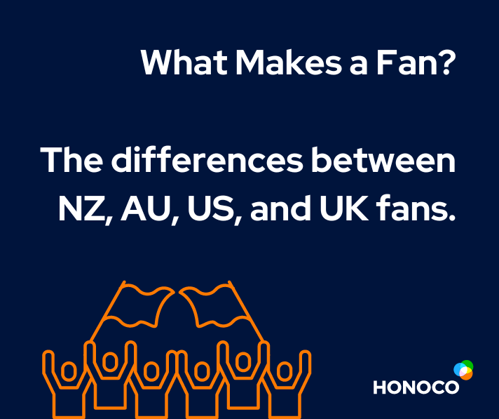 Dark blue background with white text that says: What Makes a Fan? The differences between NZ, AU, US, and UK fans.